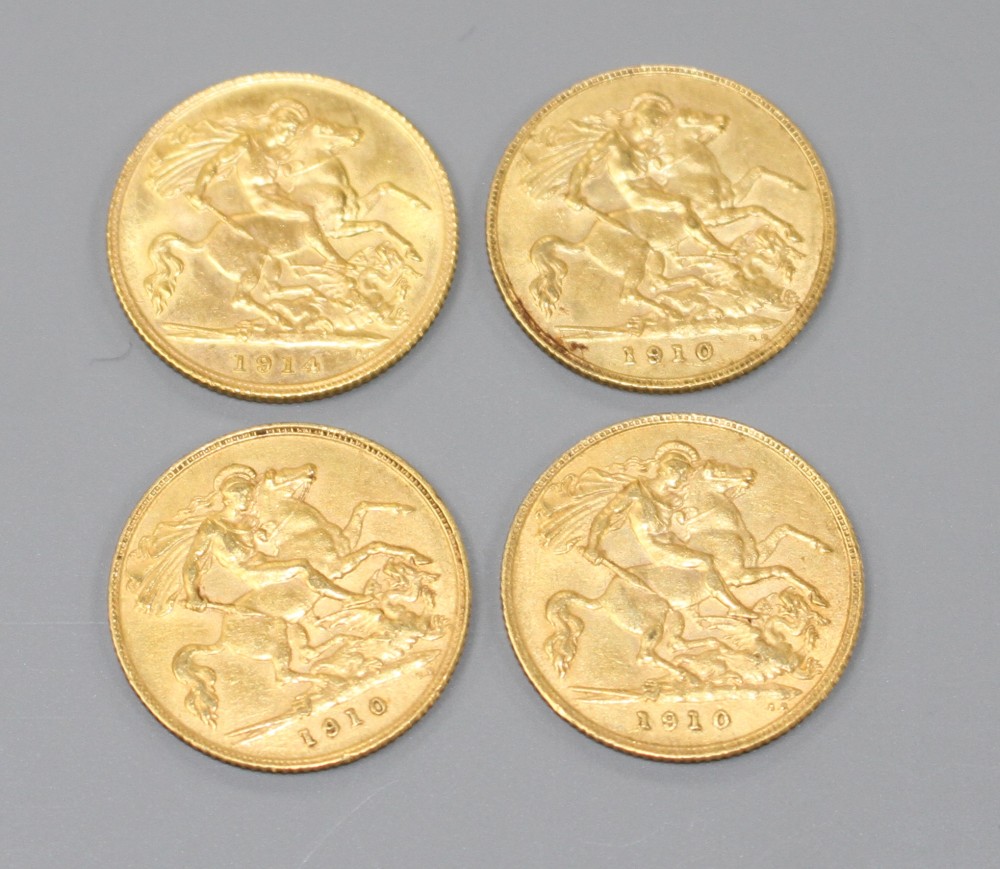 Four early 20th century gold half sovereigns, 1910(3) and 1914.